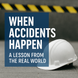 White safety helmet on concrete floor with yellow and black caution tape in the background, representing workplace accidents and safety lessons.
