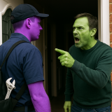 Illustration of a surreal workplace scene where a green-skinned plumber is being racially abused by a purple-skinned neighbour—highlighting the absurdity of judging someone by their appearance.