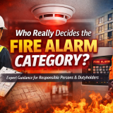 Fire risk assessor and fire safety professional reviewing fire alarm plans beneath a ceiling-mounted smoke detector, illustrating responsibility for selecting fire alarm categories under BS 5839-1 (2025).