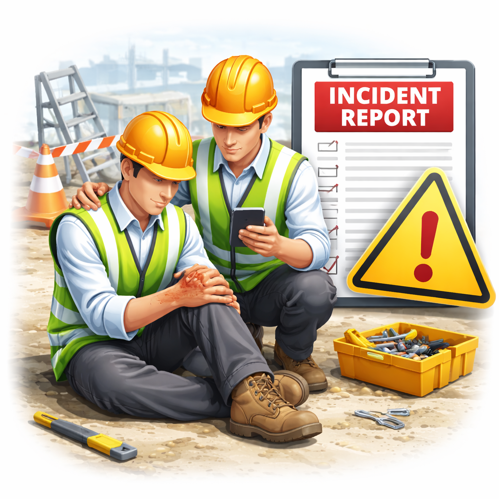 Worker assisting an injured colleague on site with first aid and an accident report nearby.