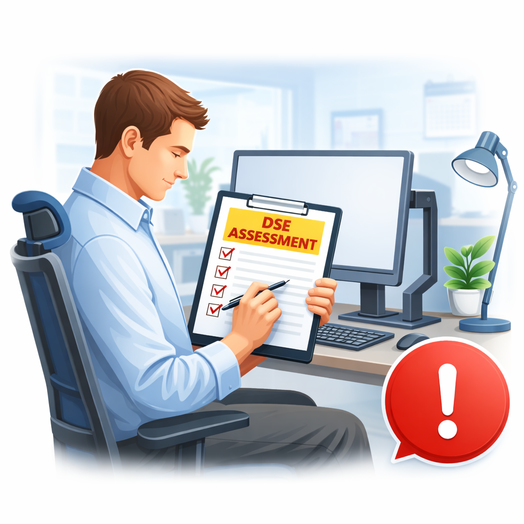 Person carrying out a DSE assessment at a computer workstation using a checklist on a clipboard.