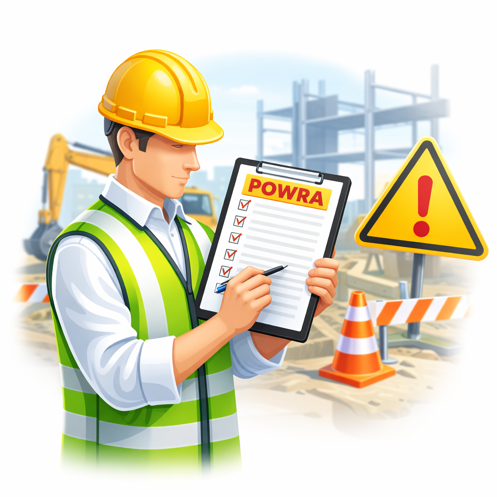 Worker wearing PPE completing a Point of Work Risk Assessment on a construction site using a clipboard