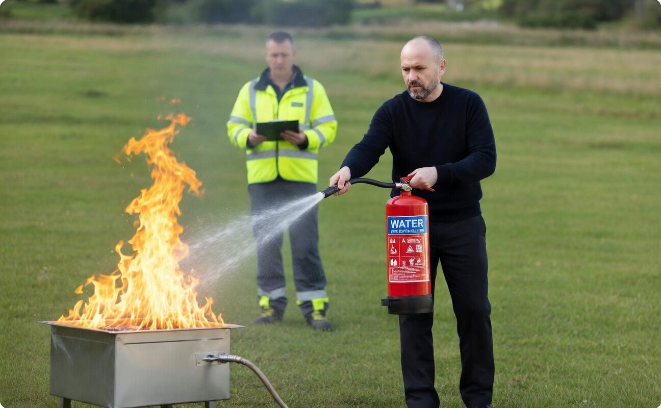 Employee using a water fire extinguisher during controlled fire extinguisher training in the UK, demonstrating safe use and workplace fire safety awareness.