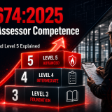 BS 8674:2025 fire risk assessor competence levels showing Level 3 Foundation, Level 4 Intermediate and Level 5 Advanced fire risk assessment progression.
