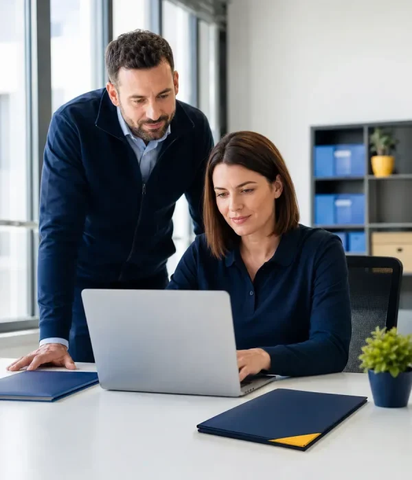 CertifyPro illustration of colleagues learning at a laptop