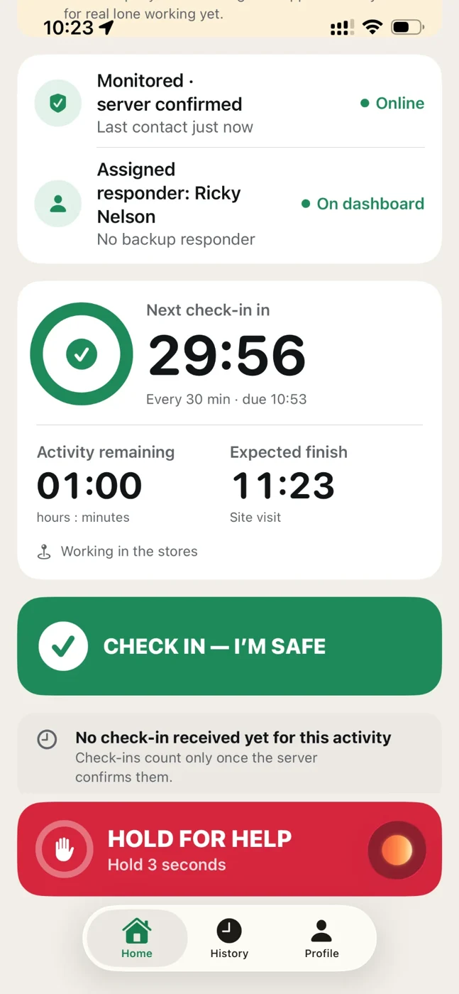 Actual LoneApp activity screen with a check-in countdown and help button, in trial mode