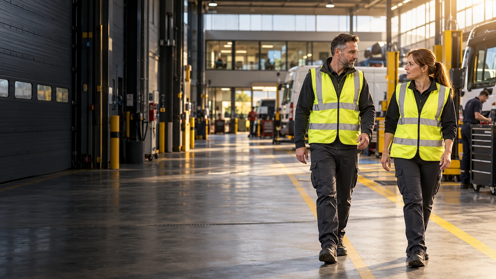 Illustrative safety adviser and operations manager walking through a vehicle workshop